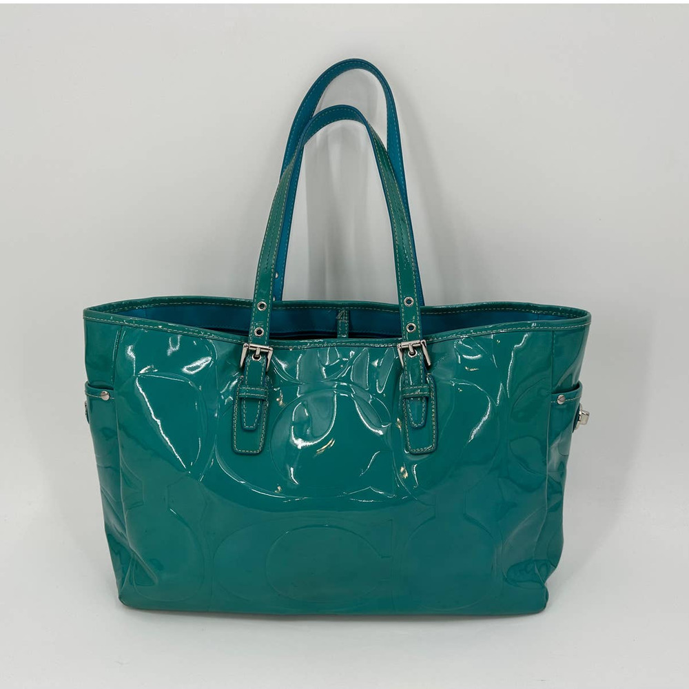 Coach Turquoise Patent Leather Embossed Gallery Tote Handbag Purse *Discolored